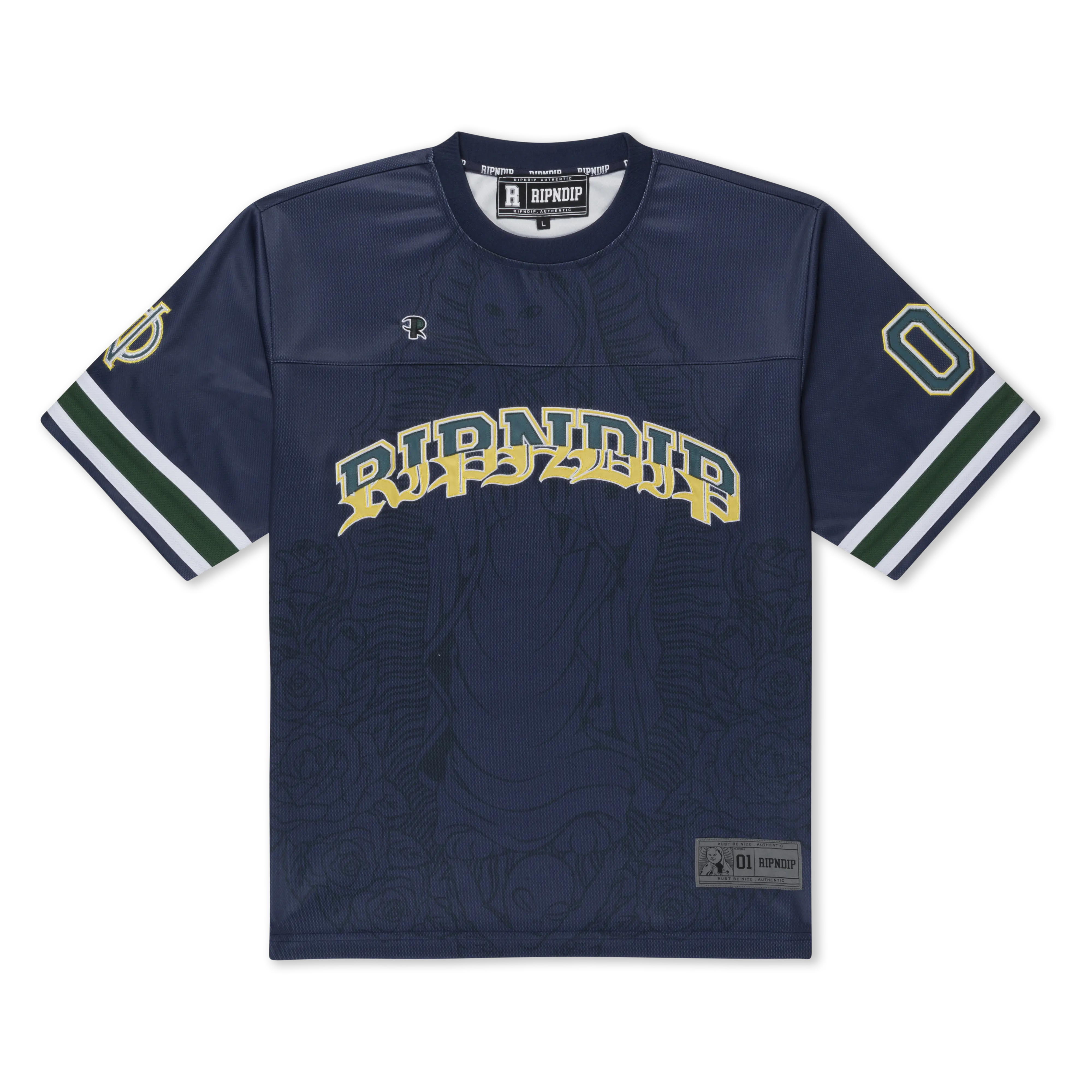 Men's Jersey Style Football Top, Navy Polyester Long Sleeve Shirt with Custom Embroidery and Patches