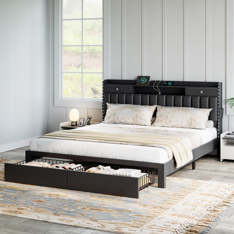 TryLazy Upholstered Flatform Bed Frame with 4 Storage Drawers No MATTRESS Queen Size Wood Slats Holds 900lbs No Noise No Box Spring Needed Full King Twin White Rivet Design USB Socket