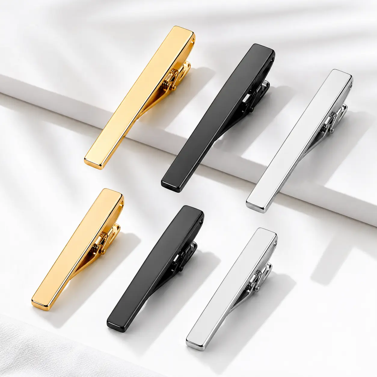 Viaky Male 6-Pieces Classic Brass-Nickel Gold Plated Metallic Tie Clip Tool Set - 3-Tone Solid Colors, Hypoallergenic, Anti-Slip Teeth, Durable Pinch Clips, Cost-Effective Jewelry Accessory for Wedding, Business