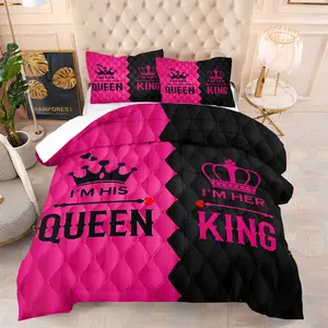 Black and Pink Clash Design Printed Comforter Set, One Comforter and 1/2 Coreless Pillowcases With ‘I'M His Queen’ ‘ I'M Her King’ + Crown, Stylish and Warm Bedroom Bedding