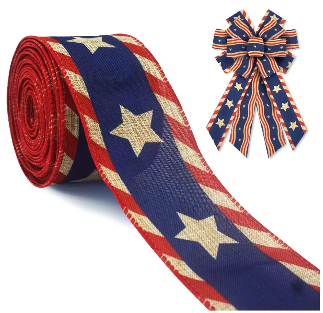 Patriotic Wired Edge Ribbons 2.5" 10 Yards, 4th of July White Red Blue Stripe Ribbons Patriotic Star Wrapping Ribbon American Linen Ribbon for 4th of July Party Wrapping DIY Craft Decoration