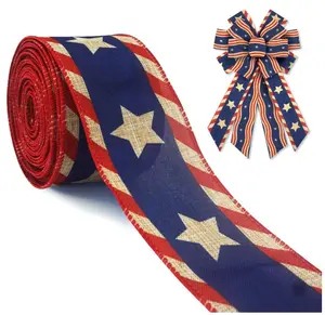 Patriotic Wired Edge Ribbons 2.5" 10 Yards, 4th of July White Red Blue Stripe Ribbons Patriotic Star Wrapping Ribbon American Linen Ribbon for 4th of July Party Wrapping DIY Craft Decoration