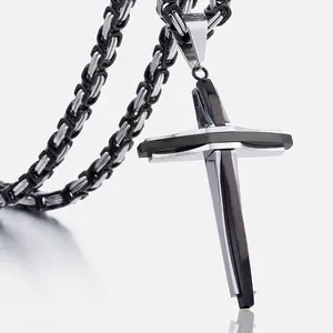18-30" Mens Black Stainless Steel Cross Pendant Necklace Byzantine Box Chain Necklaces Fashion Men Jewelry