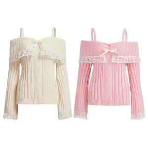 Women Off Shoulder Top Y2K Long Sleeve Lace Trim Knit Shirt Fashion Cute Solid Pullover Sweater(Raincoats)