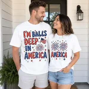 Comfort Colors Matching Patriotic Couple T-Shirts - I’m Balls Deep In America And America Fireworks Graphic Tees For Men And Women, Fourth Of July Party Outfits, Independence Day Gift For Couples, Husbands, Wives, Boyfriends, Girlfriends And USA Fans