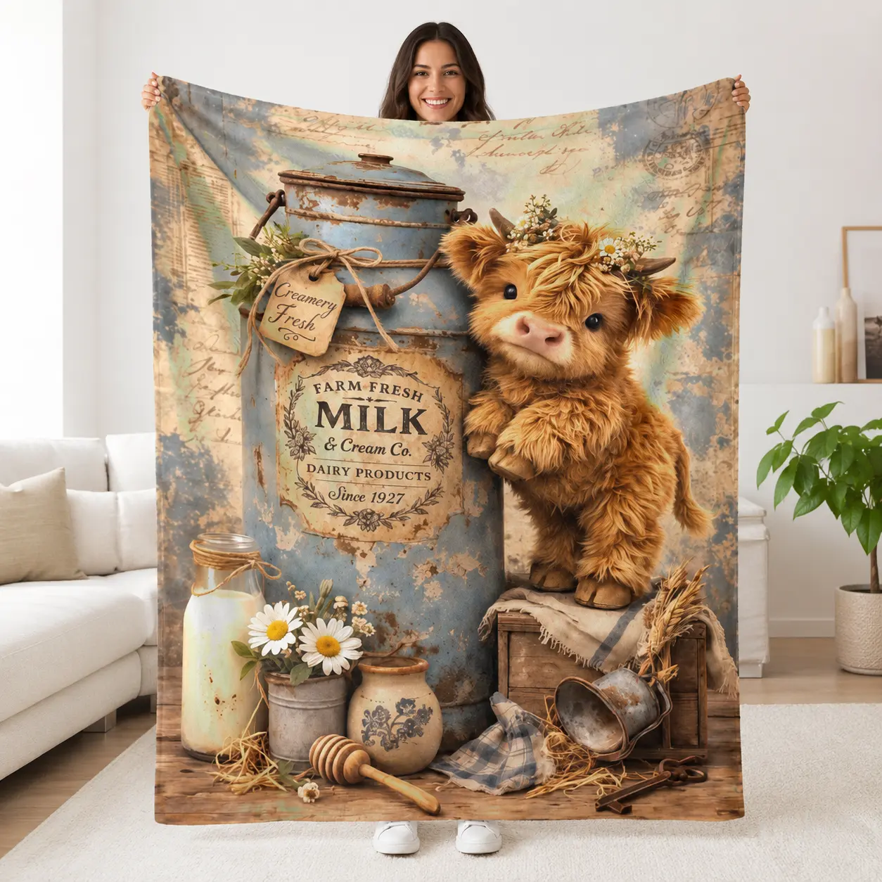 Rustic Highland Cow Farmhouse Blanket, Soft Flannel Country Throw with Vintage Milk Can and Daisy Floral Print for Living Room Sofas, Reading Chairs and Guest Bedrooms, Warm Cottage Charm for Daily Lounging and Cozy Home Styling