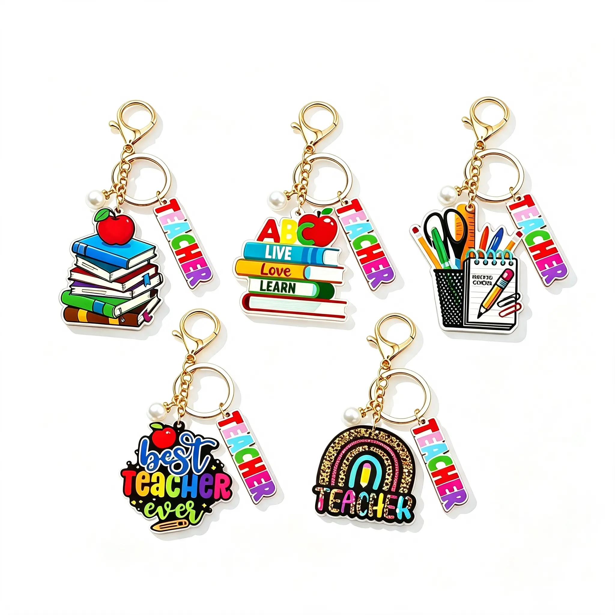 Teacher Wooden Keychain, Apple Book Rainbow Stationery Wood Key Ring, Back To School Gift For Teacher, Thank You Teacher Keychain, First Day Of School Present