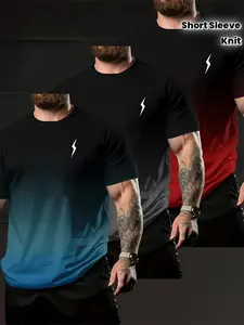 Set of 3 Large-Sized Men'S Round Neck T-Shirts Featuring 3D Lightning Prints, Gradient Colors, a Casual Sporty Style, Short Sleeves with Slight Stretch, Made from Knitted Fiber, And a Regular Fit for a Vibrant Top in Size Large,