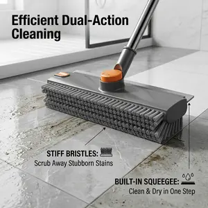 3-in-1 Floor Scrub Brush with Long Adjustable Handle, 360° Bristle Brush, Smooth Silicone Squeegee Broom for Concrete, Tile, Deck Cleaning, Grey White Black, Stainless Steel, Glass Compatible