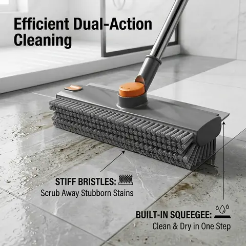 3-in-1 Floor Scrub Brush with Long Adjustable Handle, 360° Bristle Brush, Smooth Silicone Squeegee Broom for Concrete, Tile, Deck Cleaning, Grey White Black, Stainless Steel, Glass Compatible