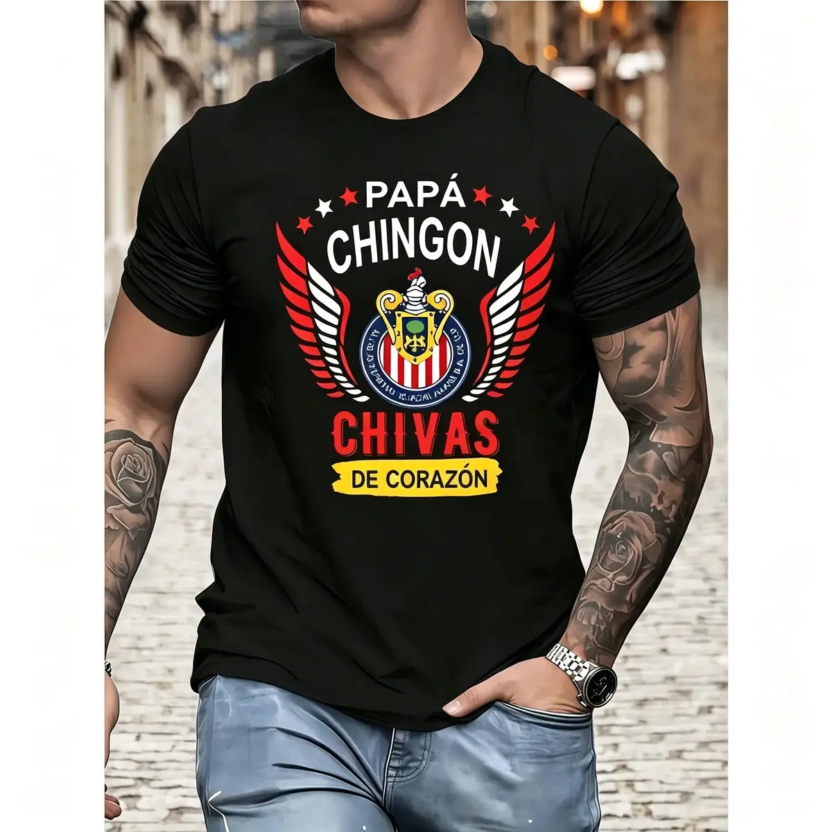 Unisex Boxy Fit Heavyweight Tee [ ✨   100%Cotton]Papá Chingón Chivas de Corazón Tee Premium Cotton Men's Soccer T-Shirt, Casual Summer Streetwear Top, Perfect Father's Day Gift for Soccer Dads, Oversized Sportswear Dad Shirt Streetwear Aesthetic Unisex T-
