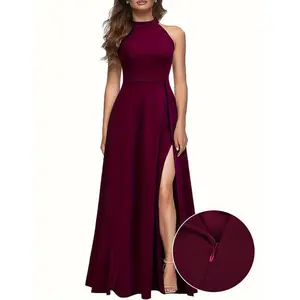 Women's Elegant Backless A-line Dress - Burgundy Side Slit High-Low Hem Long Evening Gown, Machine Washable Loose Fit, Suitable for Parties, Banquets, and All-Year Wear, Fashion Silhouette, Lightweight Fabric, Adult Outfit second dress Formal Womenswear