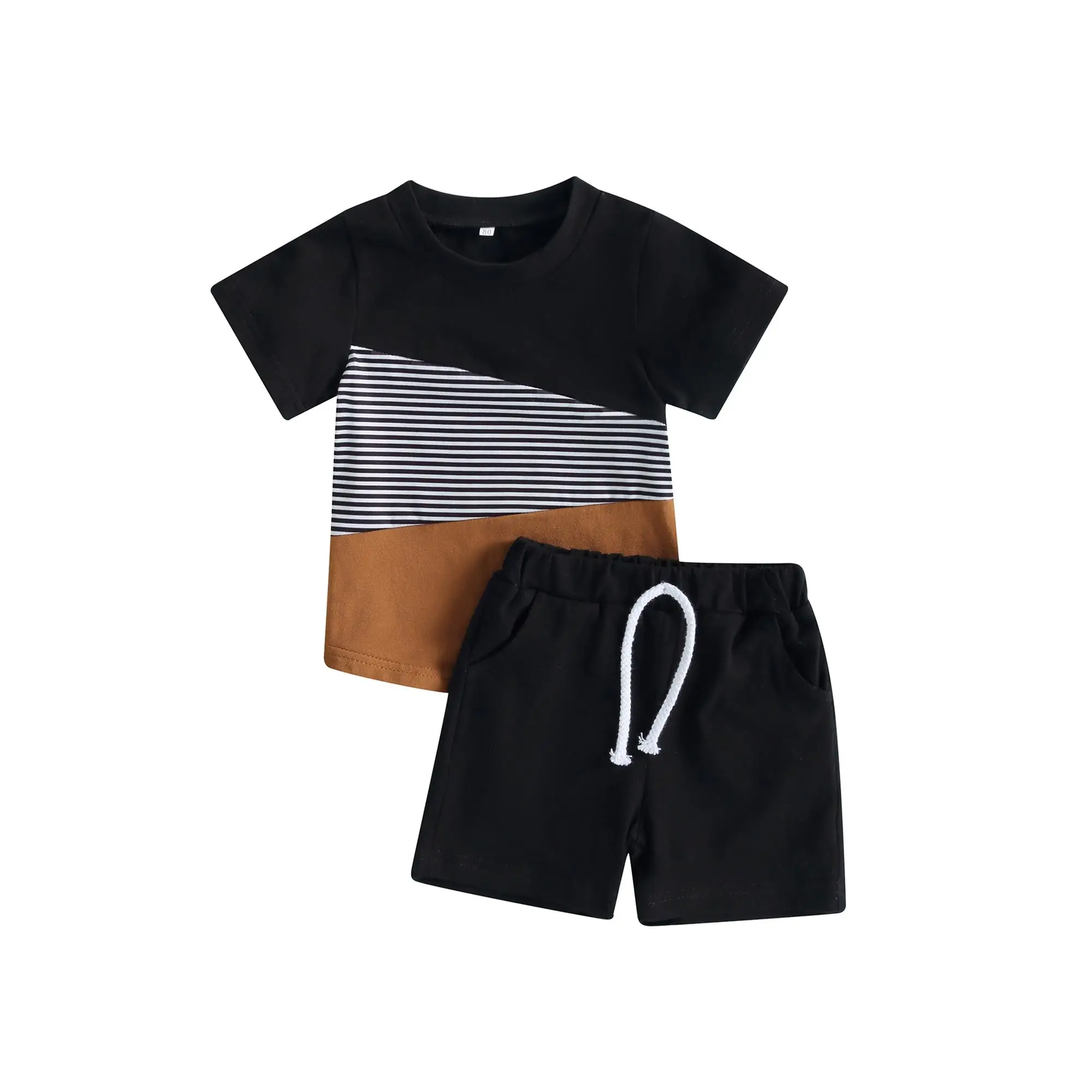 Baby Boys 2PCS Pants Suit Short Sleeve Patchwork Crew Tees & White Straps Short Pants Toddler Boys Summer Casual Outfit Cotton Blend Clothing