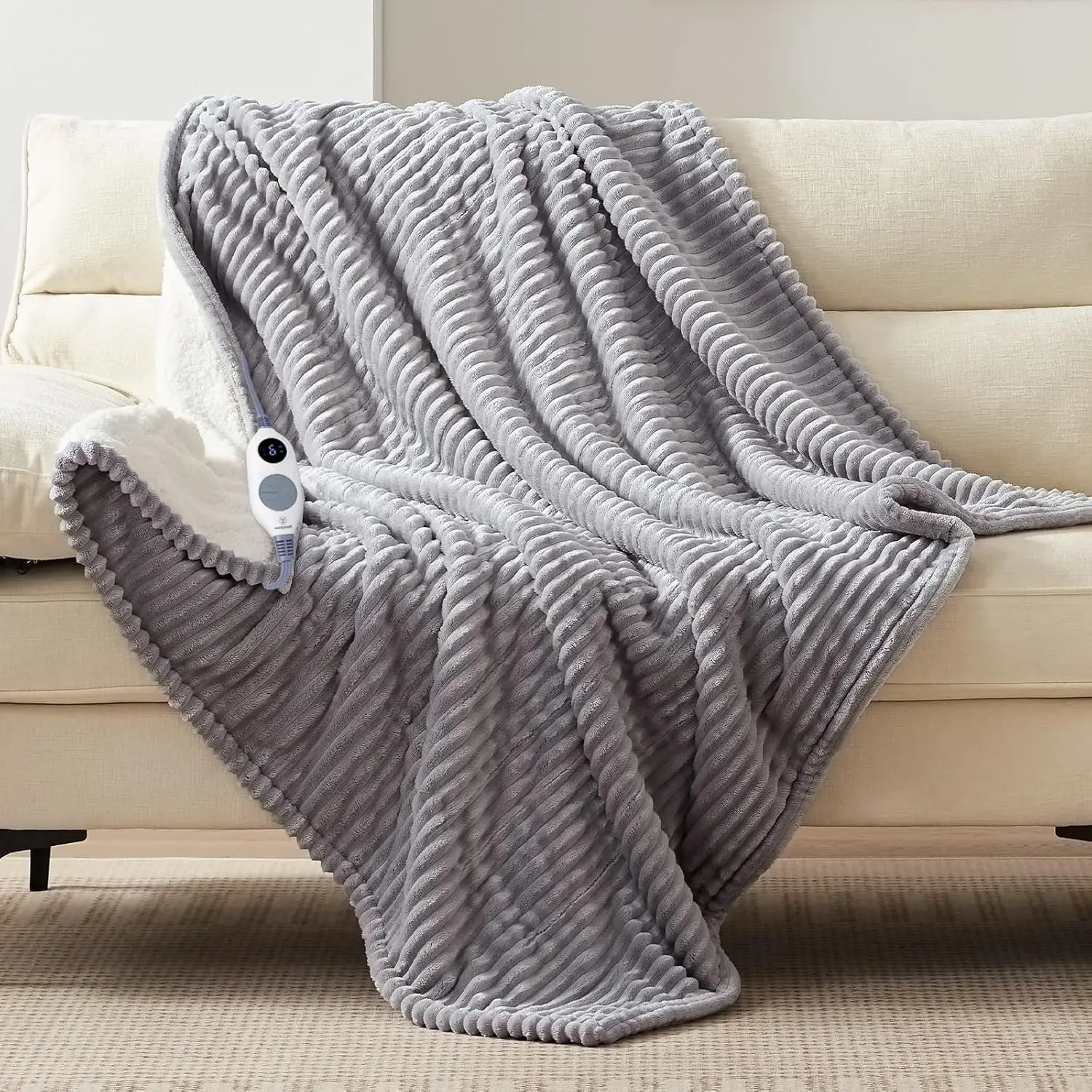 Heated Throw Blanket, Soft Flannel Sherpa Electric Throw with 6 Heating Levels & 2-10 Hours Auto Shut Off, Fast Heating & ETL Certification, Machine Washable, 50x60 Inch, Light Grey