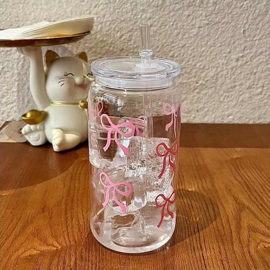 Bow-Printed Water Cup with Lid and Straw, 16-Ounce Canned Cup, Iced Coffee Cup, Tumbler, Water Bottles, Portable, Drinkware, Suitable for Tea Juice Milk, Ideal for Offices Restaurants Classrooms Picnics Parties