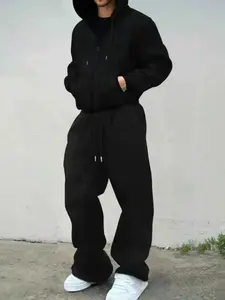 Men's Fall & Winter 2-Piece Set, Loose-Fit Zip Hoodie + Drawstring Casual Sports Pants, Letter Pattern, Fitted Style, Athleisure Wear Set