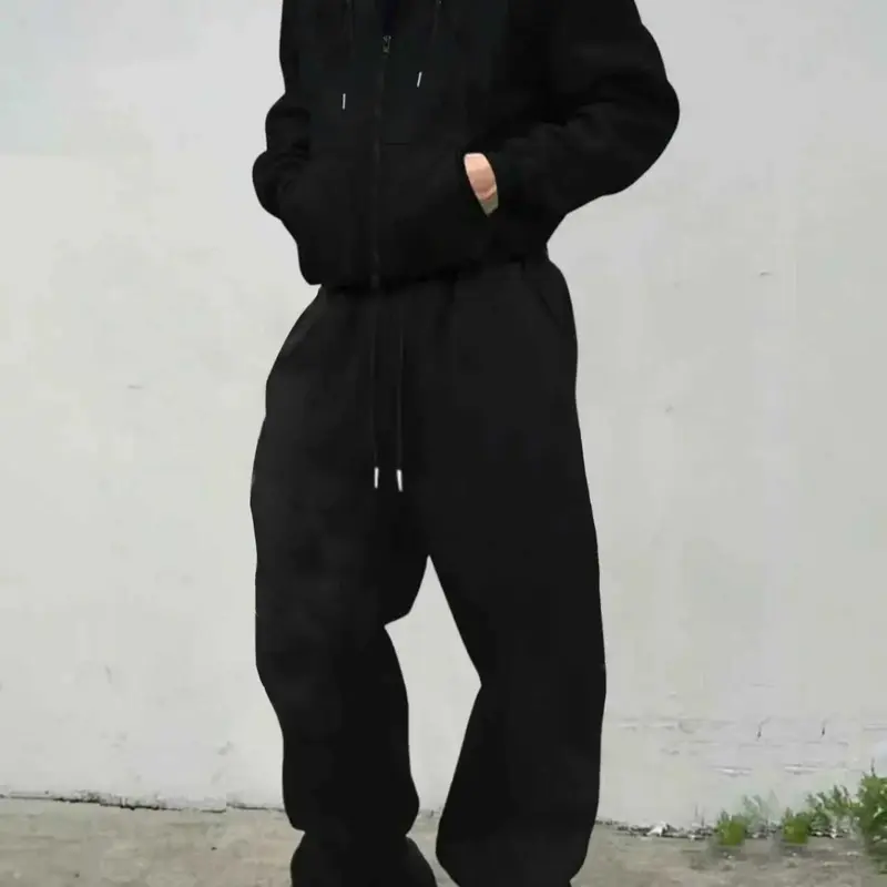 Men's Fall & Winter 2-Piece Set, Loose-Fit Zip Hoodie + Drawstring Casual Sports Pants, Letter Pattern, Athleisure Activewear Set, Athleisure Activewear Clothing