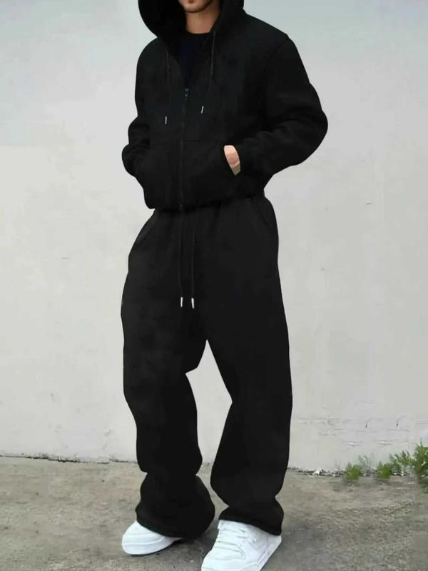 Men's Fall & Winter 2-Piece Set, Loose-Fit Zip Hoodie + Drawstring Casual Sports Pants, Letter Pattern, Fitted Style, Athleisure Wear Set