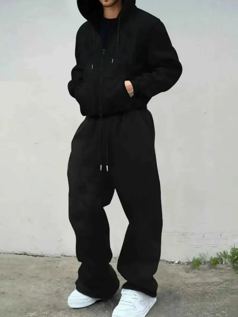 Men's Fall & Winter 2-Piece Set, Loose-Fit Zip Hoodie + Drawstring Casual Sports Pants, Letter Pattern, Fitted Style, Athleisure Wear Set