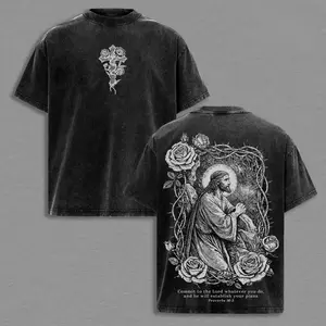 Jesus Prayer Proverbs 16:3 Vintage Washed Oversized Christian T-Shirt, Heavy Cotton Faith Graphic Tee, Cross & Rose Religious Streetwear Shirt, Biblical Scripture Apparel, Unisex Gift for Christian Believers