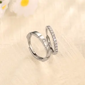 Hipunk Jewelry 2 pcs  Adjustable Love Friendship Couple Ring Silver Cubic Zirconia Stainless Steel Promise Band for Boyfriend Girlfriend, Wedding or Birthday Gift Crystal