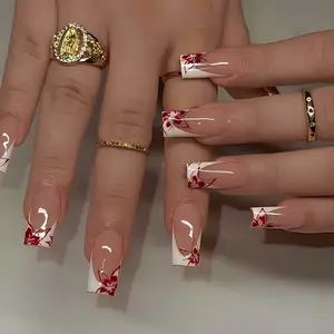 Set of 24 Short Square Fake Nails, French Rose Design, Fashionable Nail Art, Reusable and Detachable, Perfect for Parties and Daily Wear, Nail Extension Set, DIY Nail Art