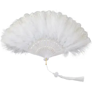 White Foldable Feather Fan Handheld Chinese Vintage Style Hand Held Folding Fans for Party Wedding Dancing Decoration