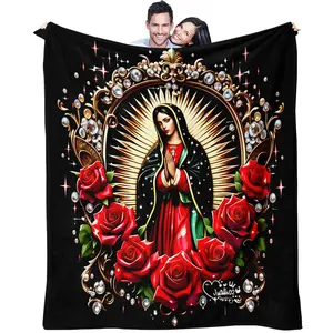 Religious Themed Bed Blanket, Red Rose Printed Soft Flannel Blanket Of Our Lady Of Guadalupe, Suitable for Catholic Belief Groups, Bedroom, Guest Room, Bed Decoration, Religious Activity Space and Other Scenes Use