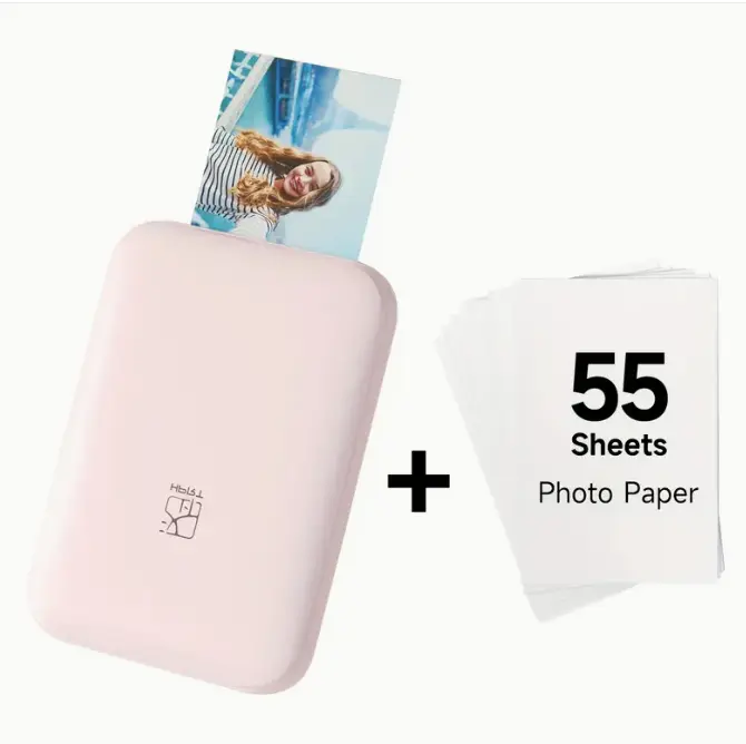 HPRT Pink Mini Wireless Inkless Color Photo Printer - A pocket-sized wireless inkless printer for smartphones, featuring 55 2x3-inch Zink peelable stickers, Bluetooth connectivity, and compatibility with iOS and Android systems. A must-have for travel.