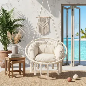 Macrame Hanging Hammock Chair with Large Padded Cushion, 350 Lbs Heavy Duty Swing Chair, Comfort Hanging Seat for Adults Teens, Stylish Macrame Swing for Porch Bedroom Indoor Outdoor Relaxation Reading Napping