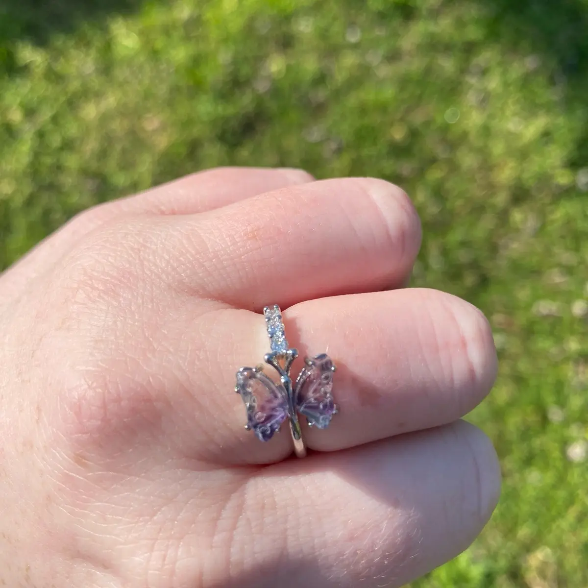 Fluorite Crystal Butterfly White Bronze Ring size 8