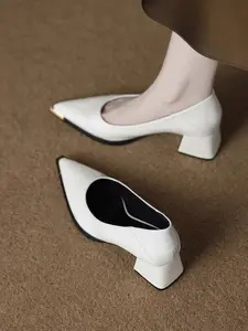 Spring Summer New Metal Pointed Toe Chunky Heel Shoes for Women, V-Neck Low Cut High Heels, Luxurious Elegant Commuter Single Shoe Design