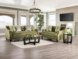 SM2684 2 pc Kaye Green Chenille Fabric Sofa & Love Seat Set with Nail Head Trim Curved Back Arms for Cozy Stylish Seating