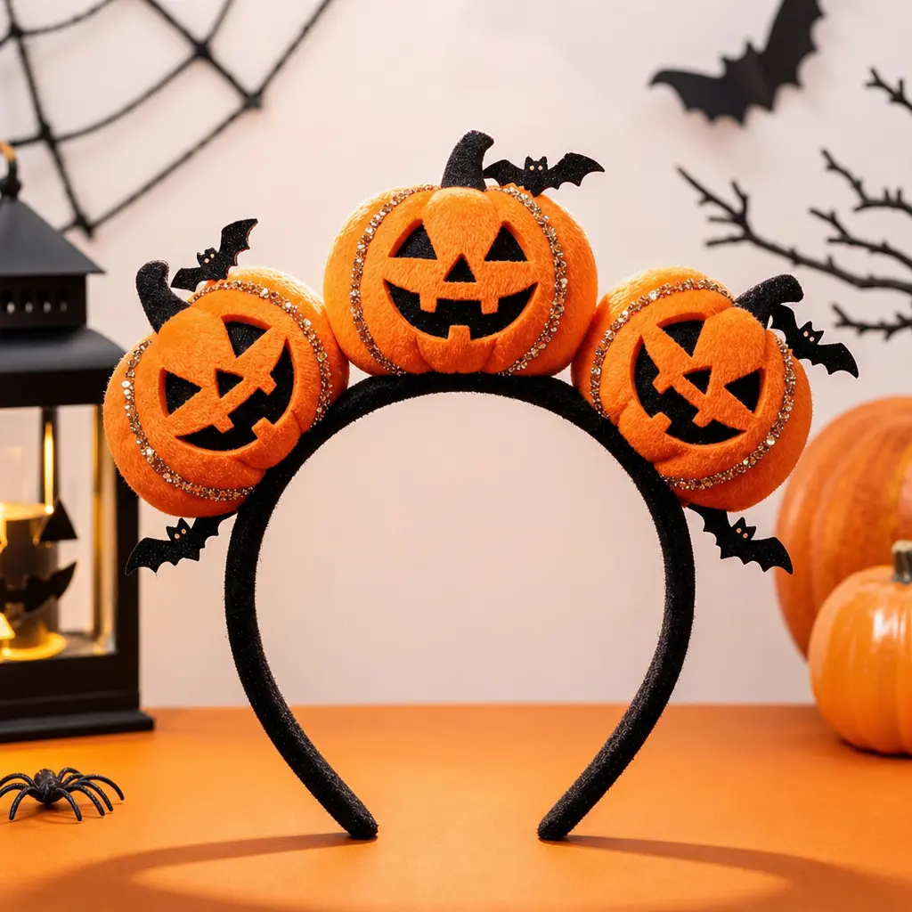 3D Jack-o'-Lantern Plush Pumpkin Headband with Glitter Bats, Unisex Halloween Cosplay Party Hair Accessory for Kids and Adults