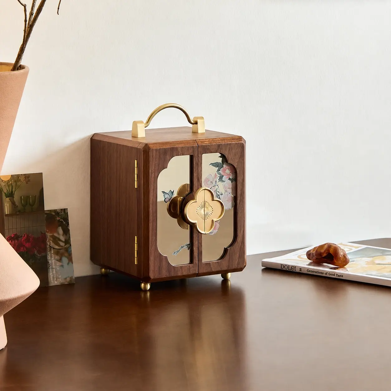Women's Vintage Rectangular Solid Wood Black Walnut Jewelry Box - 4-Layer Multi-Layered Floral Velvet Storage Organizer with Mirror, Ideal Home Organization Gift, Jewelry Storage