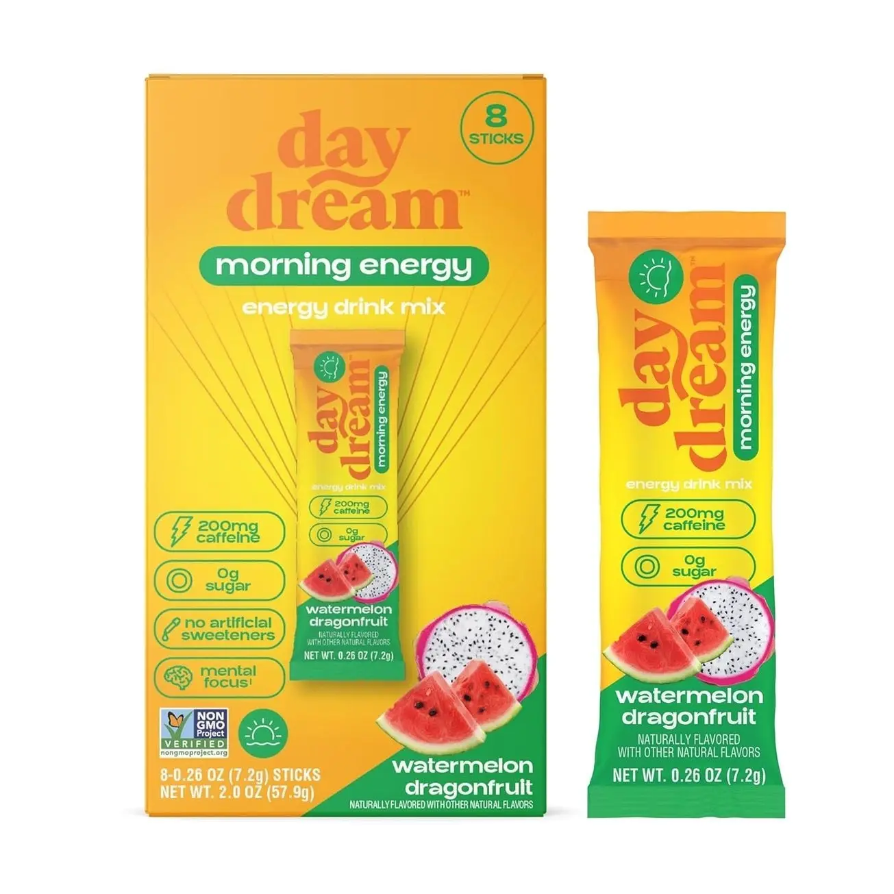Day/Dream Morning Energy Drink Mix - Watermelon Dragonfruit, 200mg Natural Caffeine from Green Tea, Guarana, and Yerba Mate, L-Citrulline, L-Arginine, Acetyl L-Carnitine, Stevia Sweetened, Zero Sugar, Non-GMO, Stick Packs
