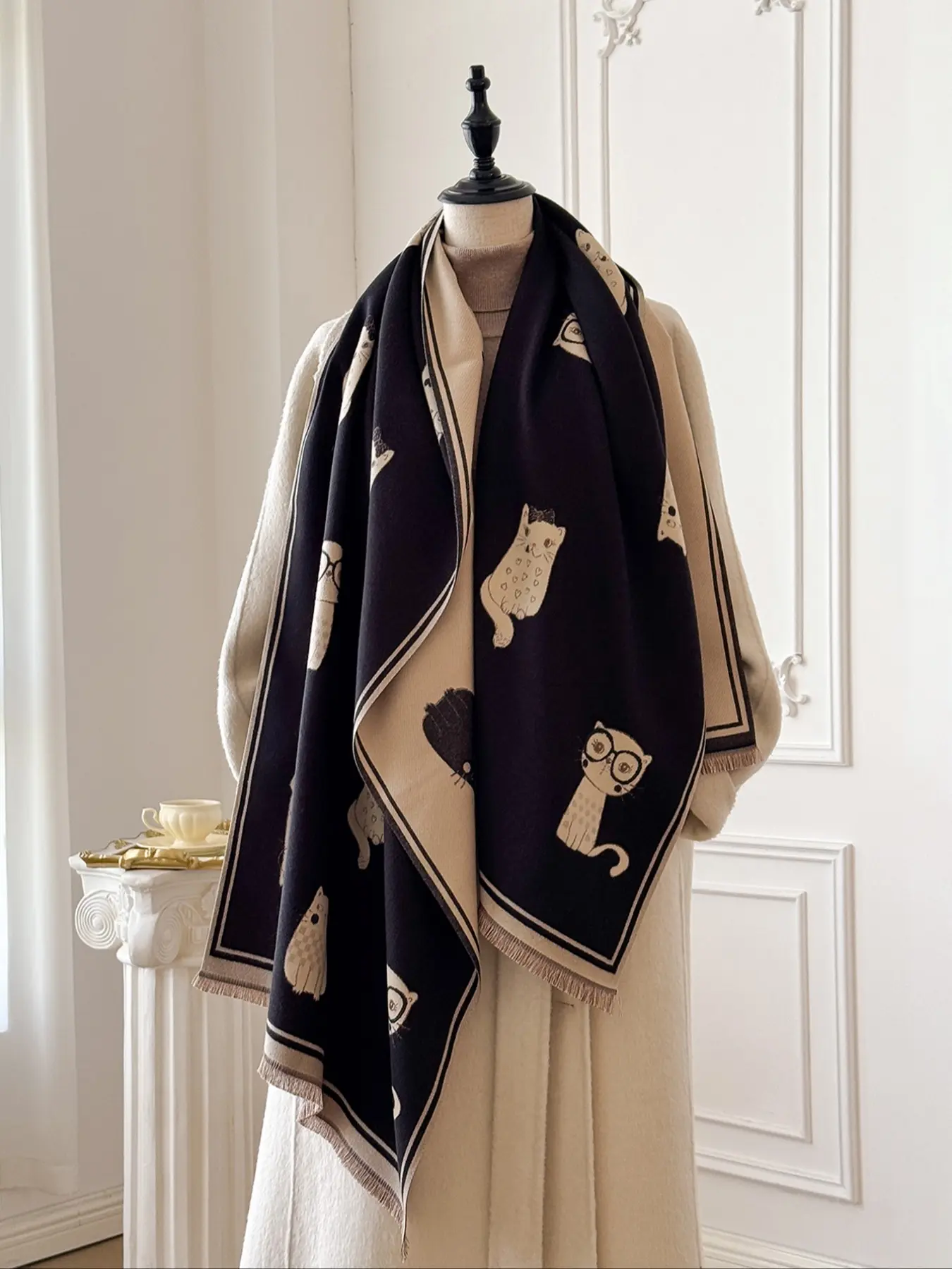 Cute Cat Pattern Fringe Scarf, Warm Thick Woven Fabric, Elegant Fall & Winter Accessory for Women and Girls, Fashionable Animal Print Design