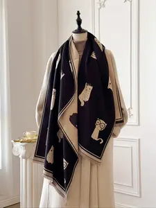 Cute Cat Pattern Fringe Scarf, Warm Thick Woven Fabric, Elegant Fall & Winter Accessory for Women and Girls, Fashionable Animal Print Design