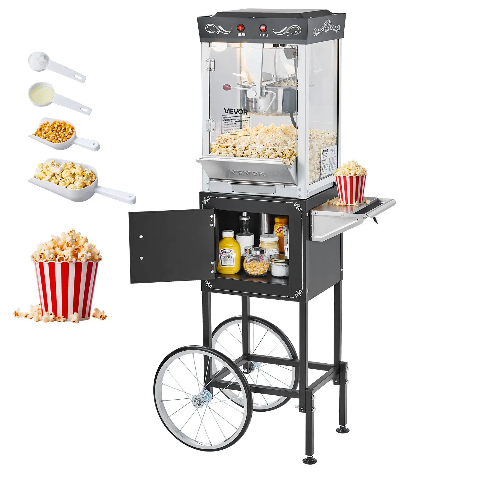 VEVOR Commercial Popcorn Machine with Cart, 8 oz Stainless Steel Kettle, 800W Theater-Style Popper, 48 Cups/Batch, 2-Button Control, Glass Lid, Vintage Design, AC120V 60Hz, 35 Lbs/ 16 Kg Capacity, Glass Wall PC Door, 1 Scoop, 3 Spoons, Black, Commercial U