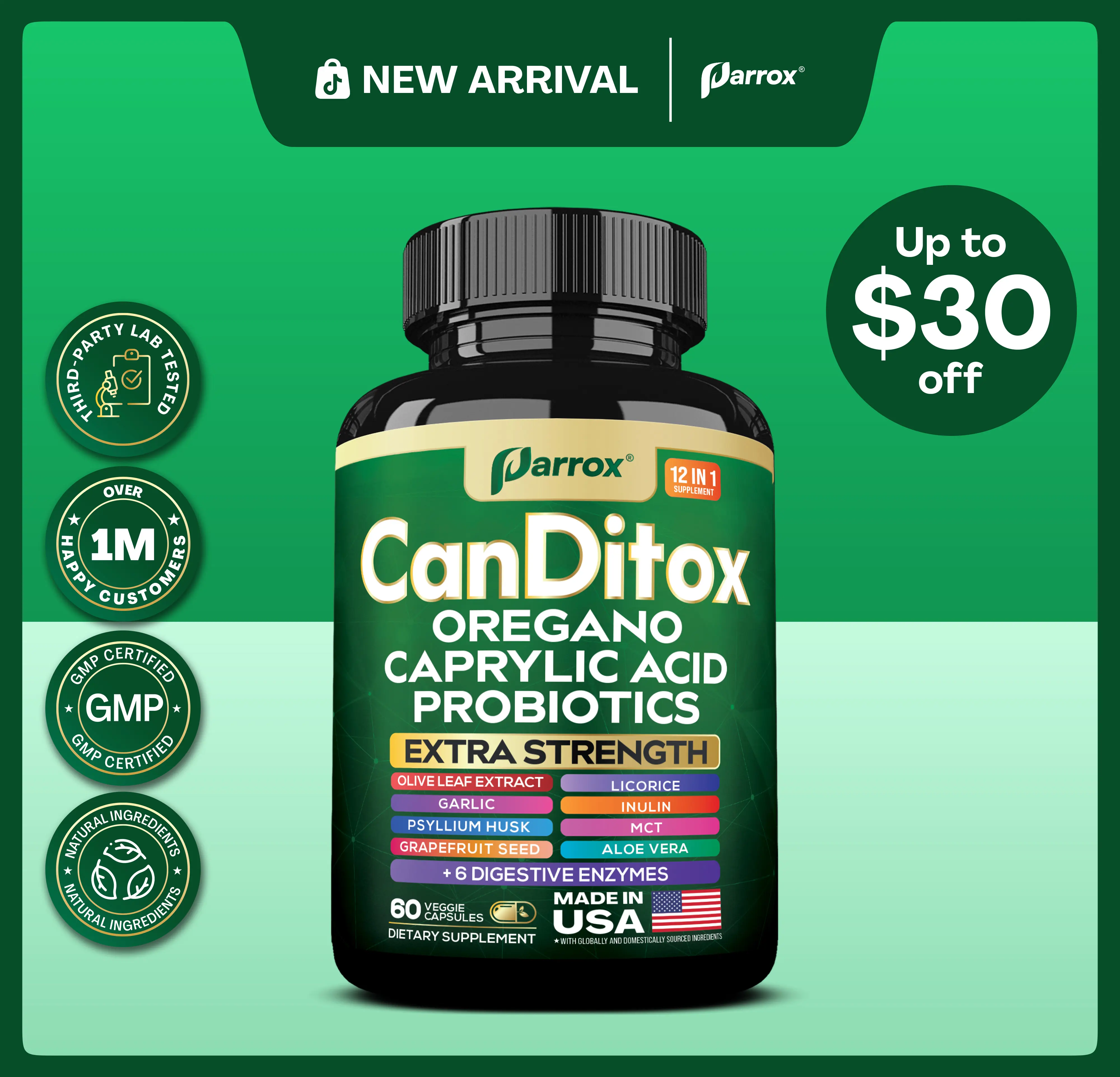 PARROX CanDitox - Organic Candida Cleanse Supplement with Oregano, Caprylic Acid, Probiotics & Extra Strength Ingredients - Gut & Colon Support - 60 Capsules - Made in USA