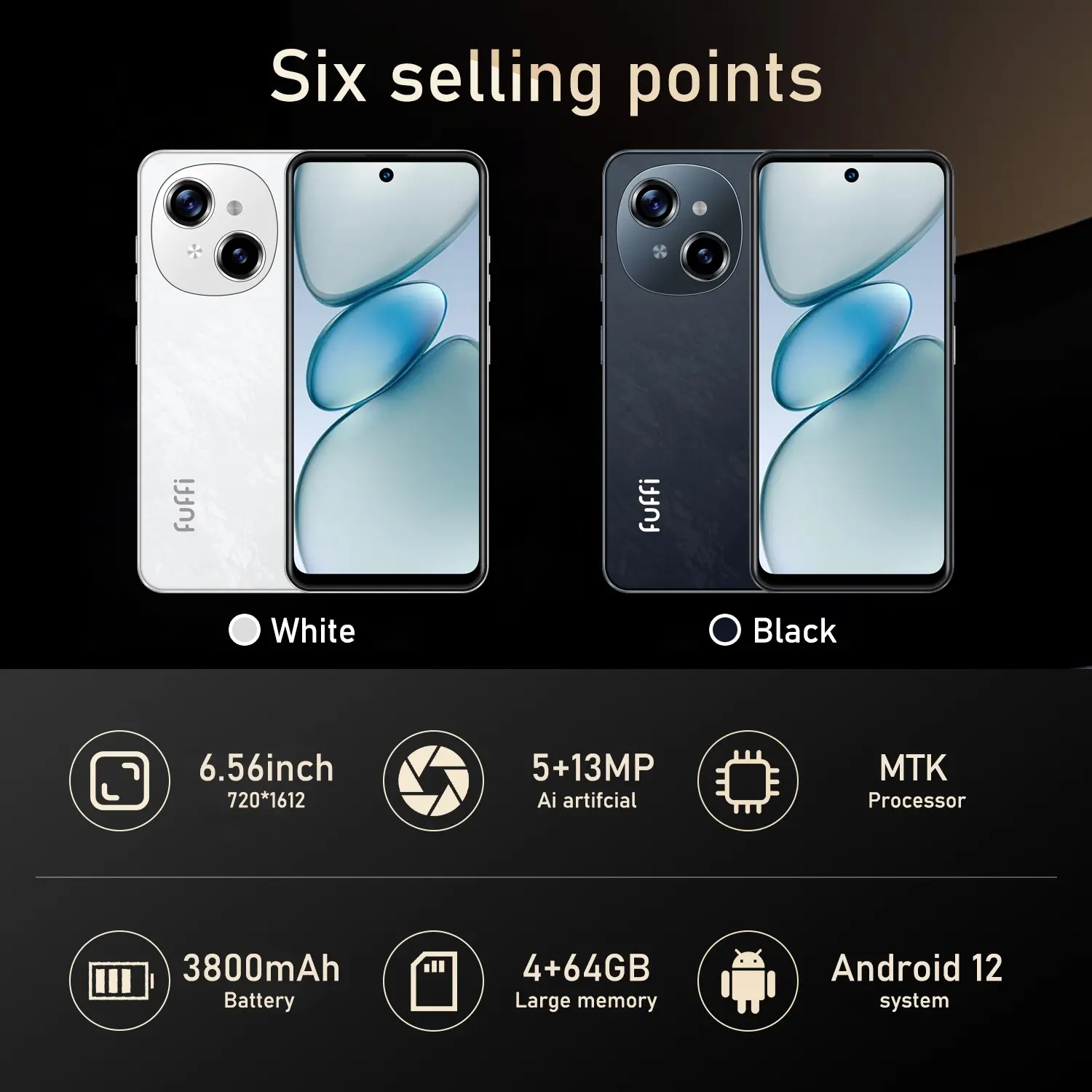 FUFFi-Smartphone, 4+64GB ROM, 6.56-Inch Display, 5+13mp Camera