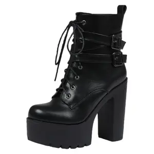 Women's Chunky Goth Ankle Boots Platform High Heel Punk Booties Cut Out Shoes with Lace-Up Design and Buckle Accents for Gothic Fashion