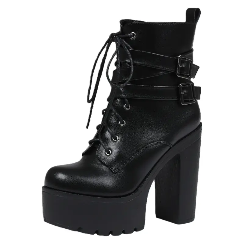 Women's Goth Punk Ankle Boots, Chunky Platform High Heel Footwear with a Lace-Up Design, Buckle Straps and Cutouts, Gothic
