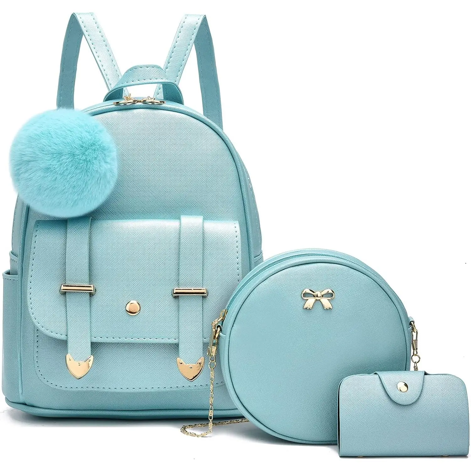 Mn Backpack Purse for Teen Grls 3-PCS Fashon Backpack Cute Travel Daypacks Women Pompom Backpack  Bag