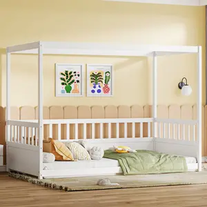 SAVEYOUR  Bed Frame  Twin Size Canopy Bed Frame with Guardrails for Kids,Floor Bed Twin with Four Poster Design,Kids Montessori Floor Bed,Wood Canopy Bed Frame for Girls,Boys(Twin,White)