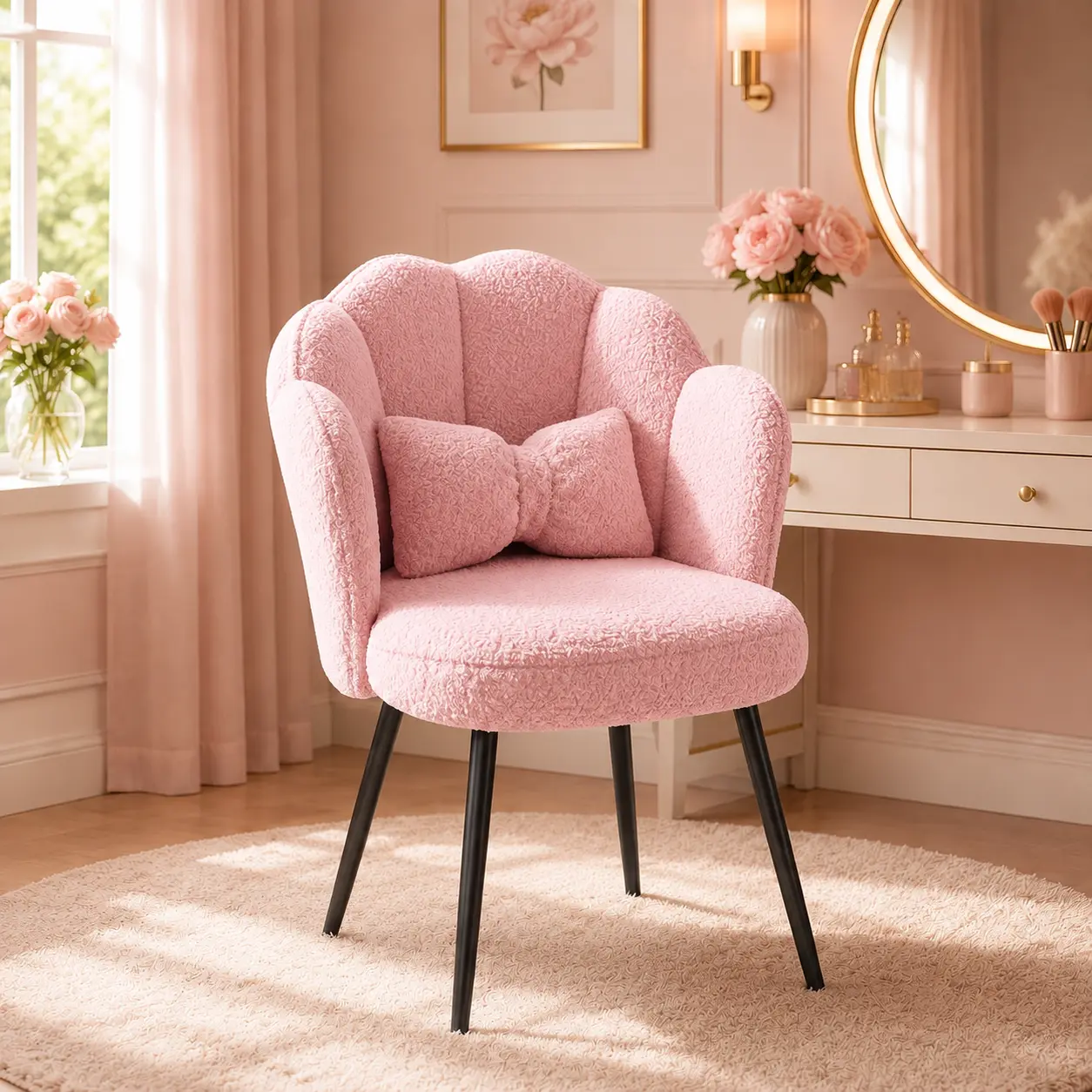 Raybee Cute Petal Velvet Vanity Chair with Bow-Tie Pillow -Comfy Aesthetic Makeup Desk Seat,  300lbs, Wide Thick Padded Armless Bedroom Accent Chair with Black Metal Legs, Back-to-School Dorm Essentials Birthday Gift for Girls Women Teens