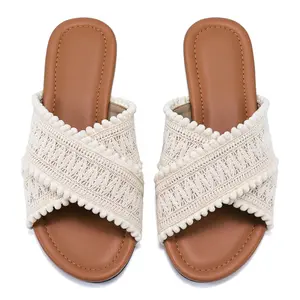 Women Crisscross Flat Sandals With Pom Pom Trim Bohemian Woven Macrame Design Open Toe Slip On Summer Slides For Beach Or Casual Outings Cute Cozy Everyday Essential