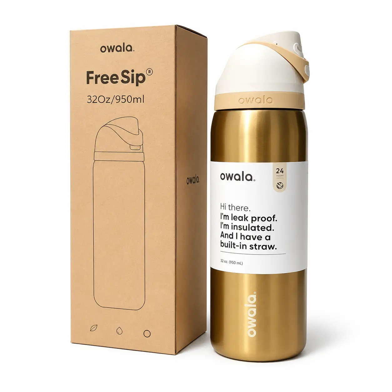 Owala FreeSip 32oz Gold Insulated Water Bottle with Built-In Straw, Leakproof Stainless Steel Sports Bottle, 24H Cold Reusable Travel Bottle for Gym, Work & Daily Hydration