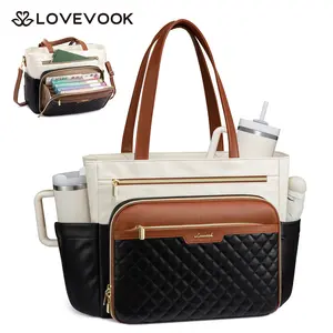 LOVEVOOK Teacher Tote Bag with Accordion File Pocket, Soft PU Leather Work Briefcase Quilted Laptop Bag with Large Cup Holder
