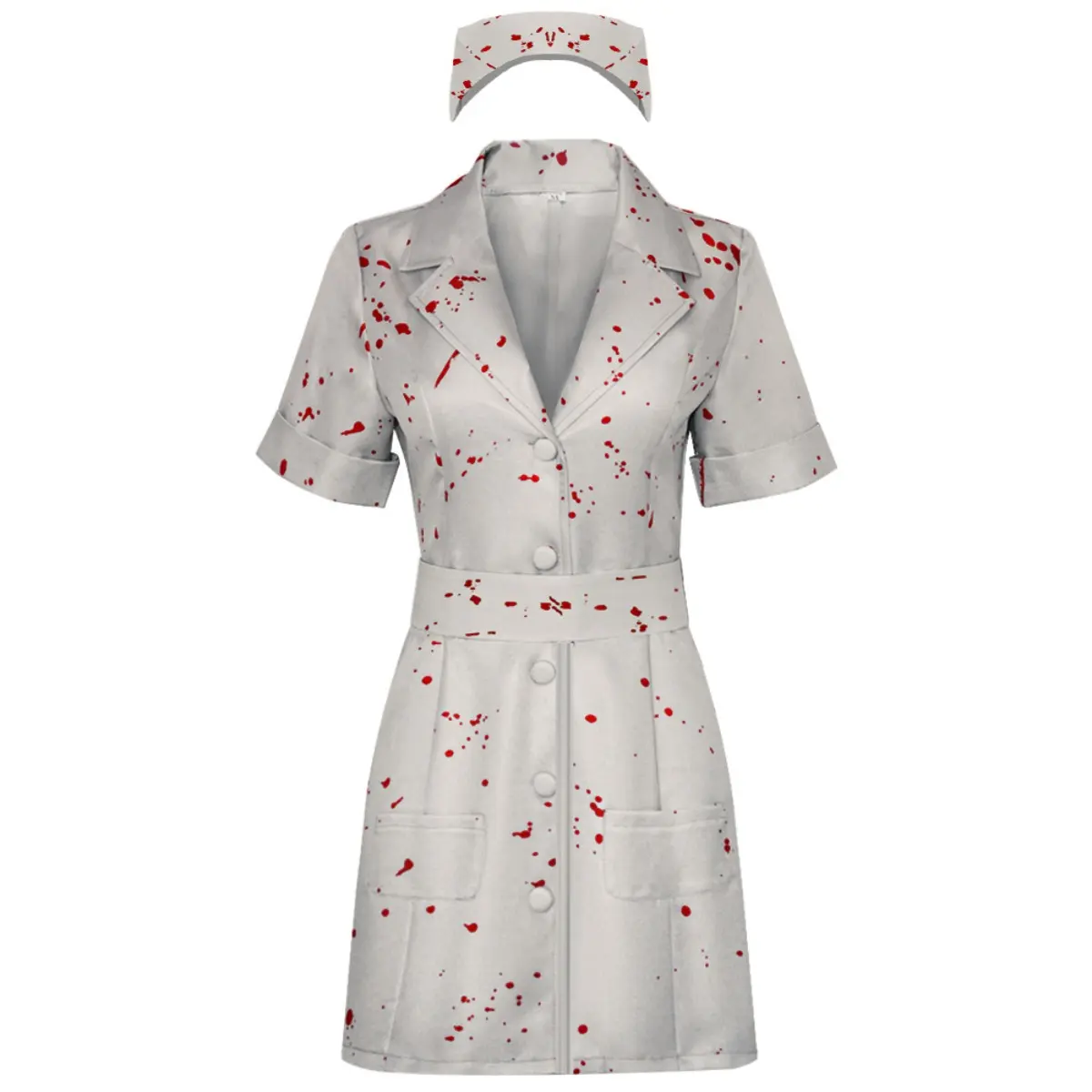 Bubble Head Zombie Nurse Bloody Dress Cosplay Costume Set with Belt Cap for Horror Con